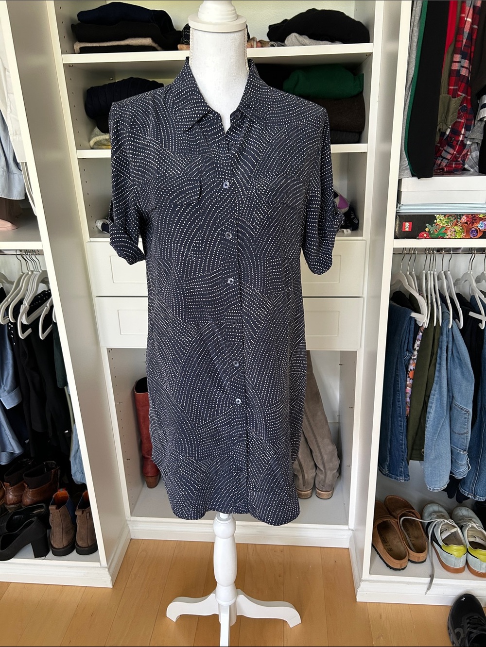 Equipment Navy Dot Print Button-Front Shirt Dress